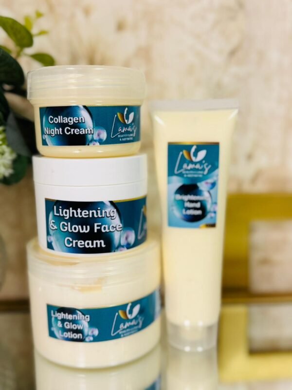 COLLAGEN NIGHT CREAM, LIGHTENING & GLOW FACE CREAM, LIGHTENING & GLOW LOTION AND BRIGHTENING HAND LOTION